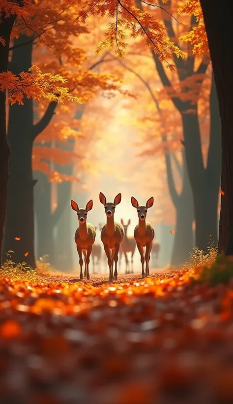 "A low-angle shot focusing on a herd of deer walking through the autumn forest in Nara Park. The camera looks up from the ground, highlighting the elegance of the deer as they move through a tunnel of golden and red leaves, with the towering trees framing ...