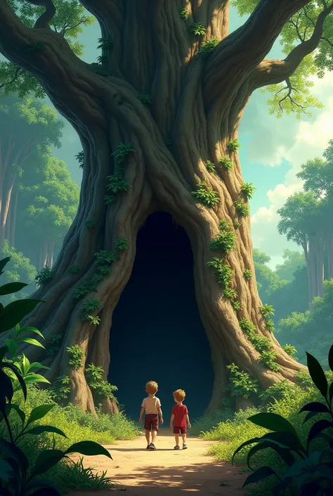 A big hollow tree in the jungle and two boys entering in the tree