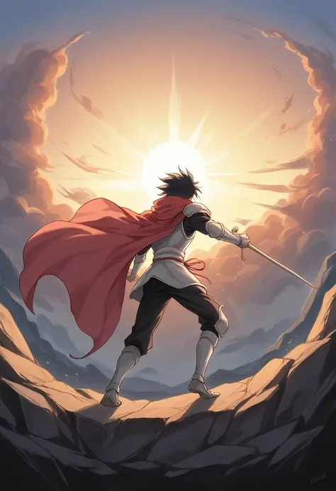 A young female warrior standing confidently on top of a rocky cliff at sunset. His pose is dynamic, with one leg slightly bent, ready for action. He wears a dark red cape that flutters in the wind over silver armor that gleams in the light of the setting s...