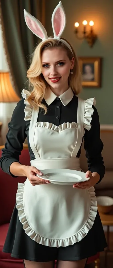 Scarlett Johansson in a maid outfit，Straight blonde hair，Retro Curls，Black stockings，front，Retro hairstyle，Carrying a retro plate，Bunny ears，Look at the camera with a smile，beauty，grace，Standing in the retro-decorated living room，luxury，Soft lighting，Livin...