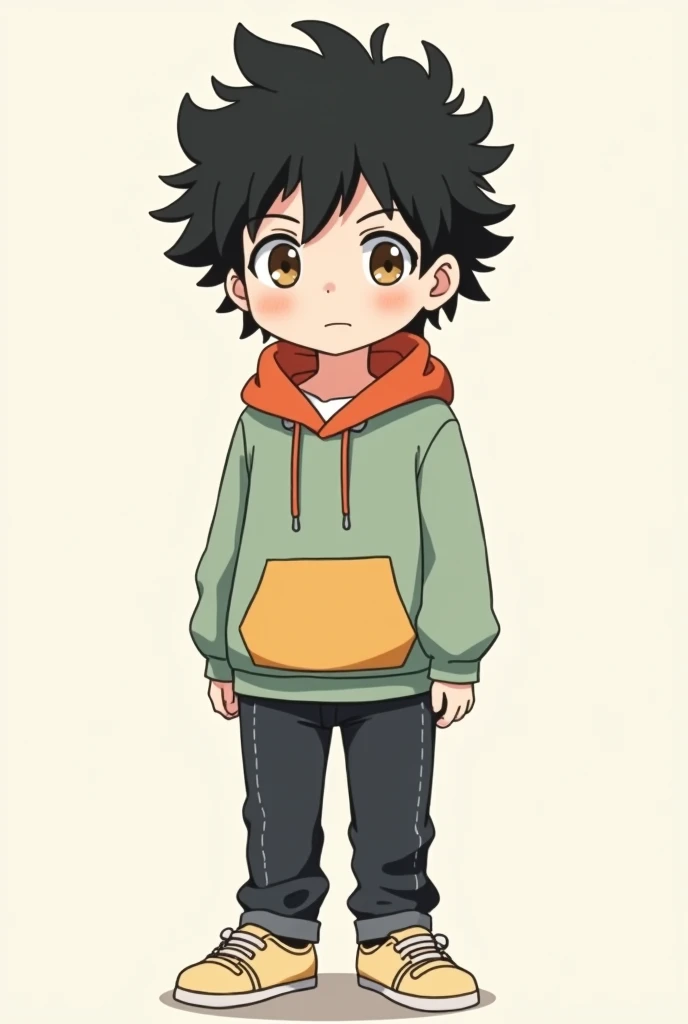 Screenshot from the anime Bocchi The Rock!, A boy with CURLY black hair with a lot of volume, honey-colored eyes, thin features, a little circles under his eyes that give him a disheveled but charming appearance, and a casual skater-type outfit with a colo...