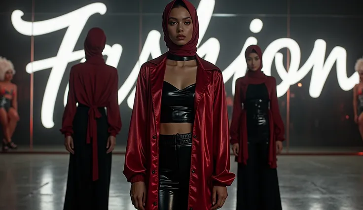 a group of lecherous young female tik tok influencers wear a glossy satin hijab and a glossy satin tank top with button-placket and a opened long loose glossy satin blouse on top of it, wearing a latex maxi skirt and latex high heels, in front of a wetlook...