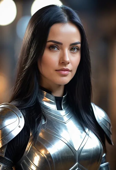 a beautiful woman with long black hair, wearing a shiny metallic armor, looking directly at the viewer with a slight smile, blurred background and foreground, depth of field effect, (best quality, 4k, 8k, highres, masterpiece:1.2), ultra-detailed, (realist...