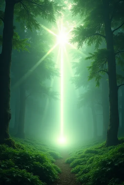 Green forest all around, white light from the sky in the name of Mohammed.