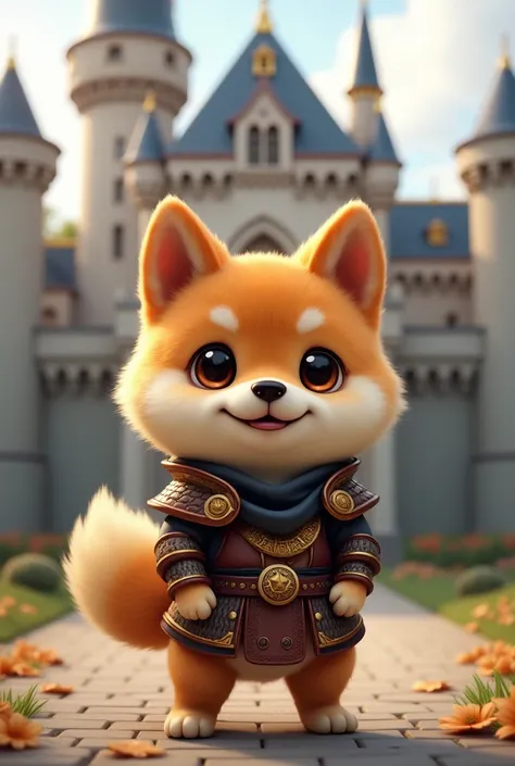 A small Shiba Inu dog standing facing forward with its front legs raised。
Big eyes with a cute, human-like expression。Slightly larger head than body。limbs are short。
Stand on two legs。Warrior&#39;s Outfit。Now we&#39;re going on an adventure。
Glossy texture...