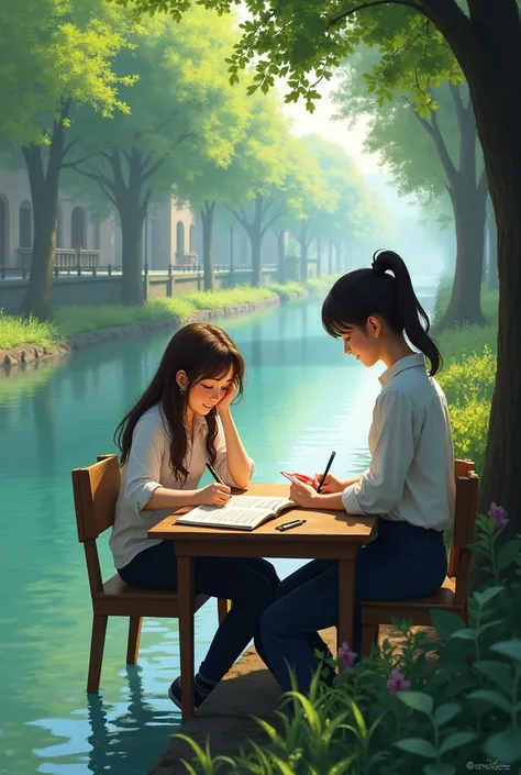 A girl is tutoring by the canal.