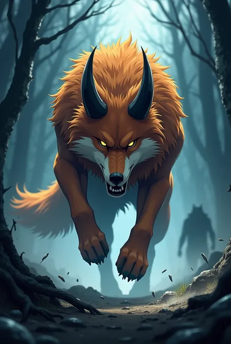 ((Best Quality)), ((masterpiece)), ((detailed)), ((High Definition)), a horned wolf in anime style, with dark amber-colored fur. in the background a forest. He is an alpha wolf. dynamic movements,  fighting stance,  run forward, attacking a person with its...