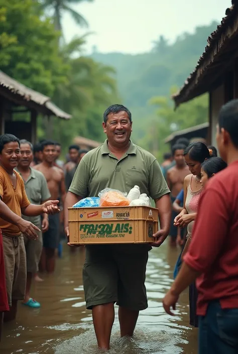 A man gave food to people whose homes were flooded in a village.