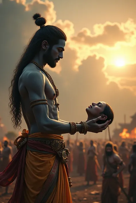  A man without head is cutting and given his head to lord krishna (Vishnu)with his own hands in kurukshetra war   realistic view 