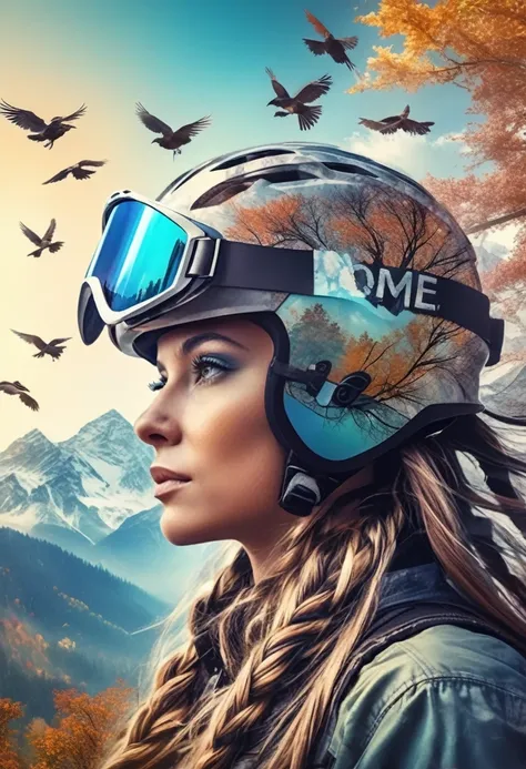 Triple exposure of the silhouette face of a woman with long braids wearing a motocross helmet profile and shiny goggles , mountains, birds in the air, nature beauty and wonder, magical, majestical, beautiful colors,branches with leaves details realistic,wi...