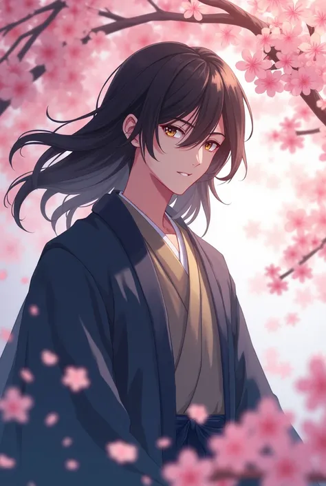 1boy, upper body, expressionless, japanese clothes, long hair, solo, cherry blossoms, looking at viewer,