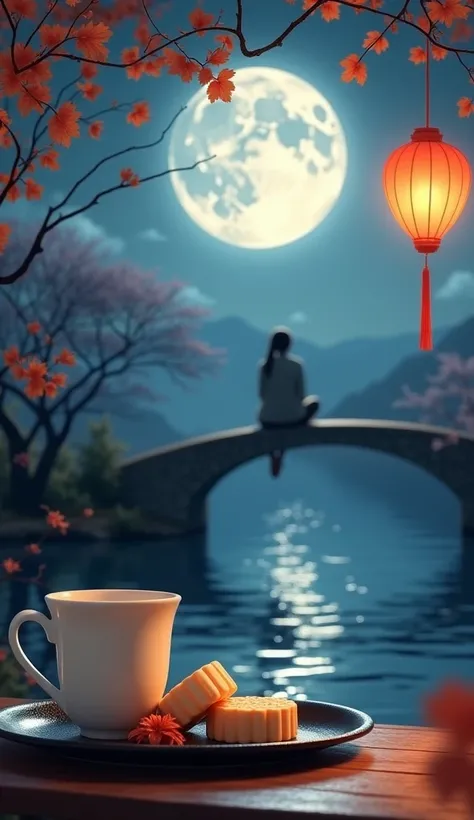 Full moon in mid-autumn,Moonlight is like water,Sprinkle the riverside。A curved bridge across the river,The shadows of the pear trees sway under the bridge,Like sparkling waves。(Close shot)Watching the moon on a wooden stack.The flowers are full and the mo...