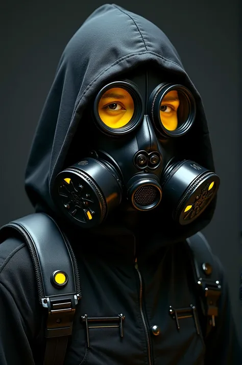  award-winning masterpiece, best quality wearing a black gas mask that covers his face, the gas mask has yellow accents and yellow details on the eyes and filter, black clothing with cyberpunk design, metallic texture and mechanical decorations in some pla...