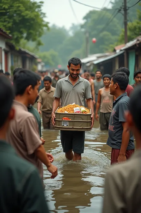 A man gave food to people whose homes were flooded in a village.