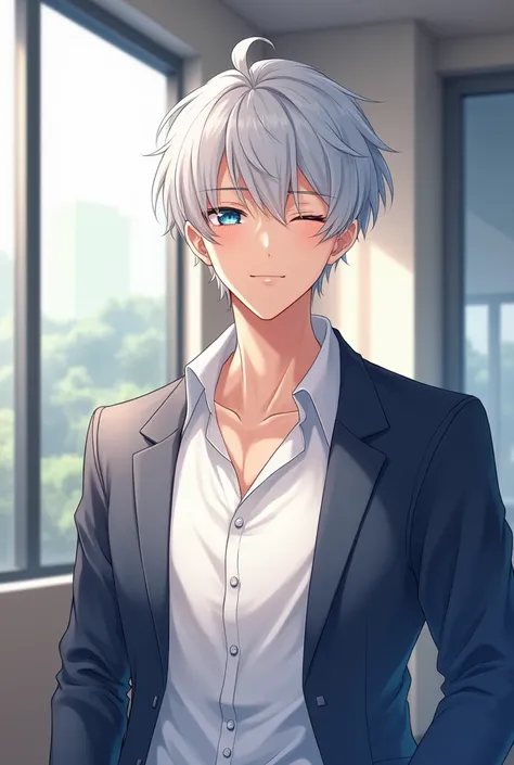 White haired blue eyed man,handsome,close eyes,pretty smile,cool jacket,white formal shirt,in a office room,anime art,short hairs,sunlight,adult