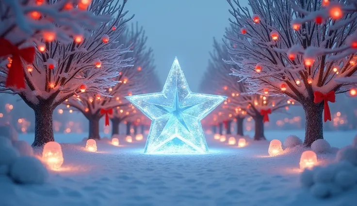 A magical orchard filled with snow-covered apple trees, each decorated with tiny fairy lights, red bows, and glowing ornaments. The trees bear ice-covered apples that shimmer in the light, creating a surreal and beautiful sight. In the center of the orchar...