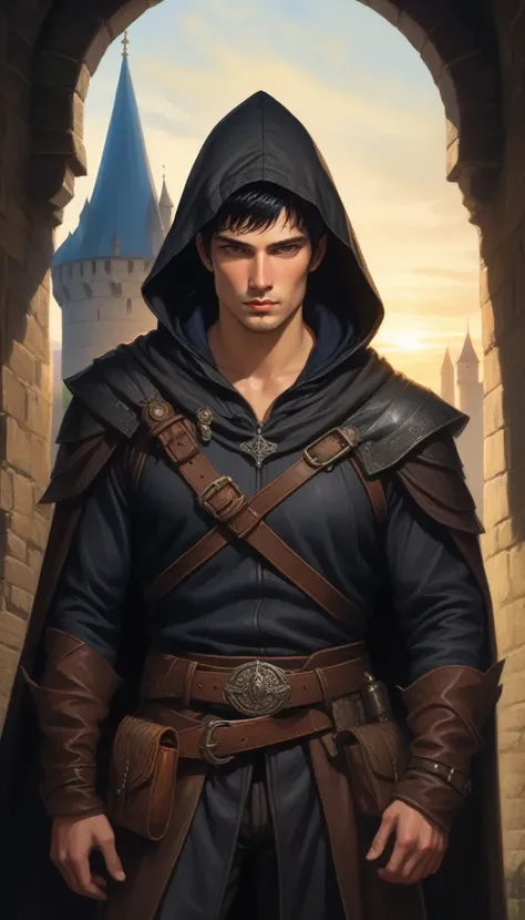 (absurdres, highres, ultra detailed), 1 male, adult, handsome, high muscular face, broad shoulders, finely detailed eyes, short black hair, brown eyes, black cloak, wearing a hood, leather vest, leather bag at the waist, 2 daggers on the belt, castle, medi...