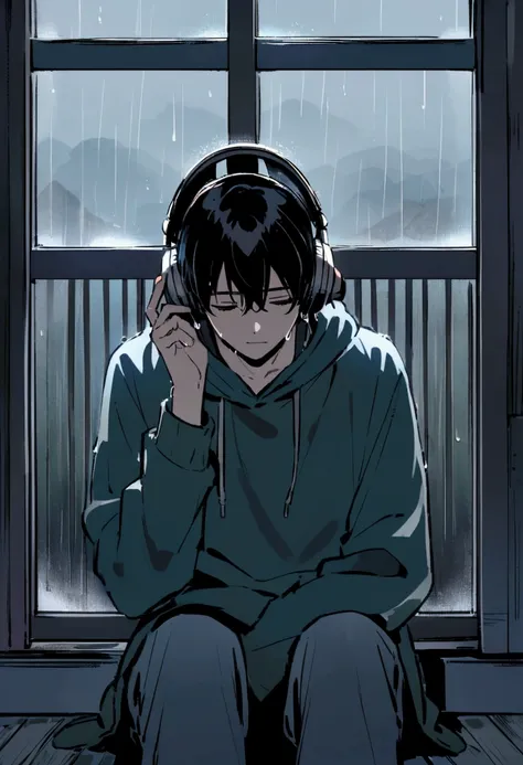 A teenage boy sits alone by a large window, his expression somber and reflective. He wears a hoodie with the hood pulled up, headphones over his ears, listening to music that mirrors his mood. Outside, heavy rain falls against the glass, blurring the view ...