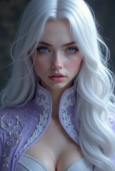 Girl has long, flowing silver or platinum hair and striking violet eyes. She wears an ornate, high-collared robe with intricate patterns, often in shades of white or lavender. The robes design emphasizes her elegance and high status.