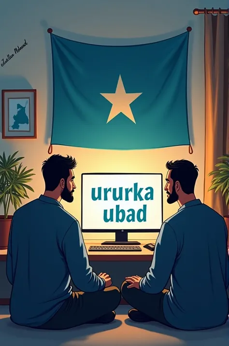 Please create an illustration of a 2 Somali man sitting in his room, using a home desktop. It is important that the desktop screen clearly displays the words "Ururka UBAD" in beautiful and visible lettering.

Additionally, the wall of the room should have ...