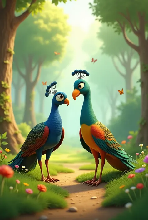 The peacock looks at the parrot with curiosity and newfound respect as they head towards the forest together."in 3D cartoon style 