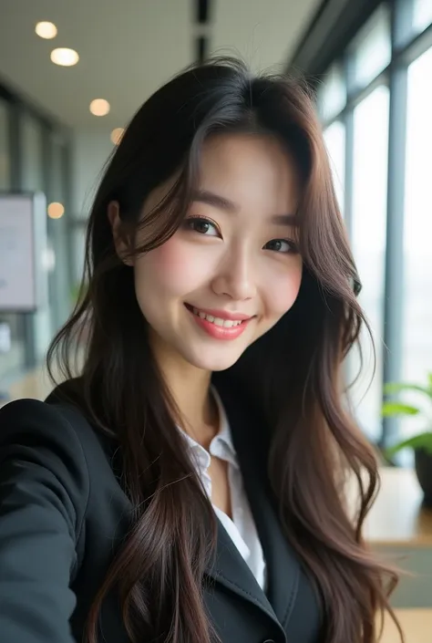 Korean Beauty、Long Hair、office、uniform、Selfie through the mirror、Natural image quality