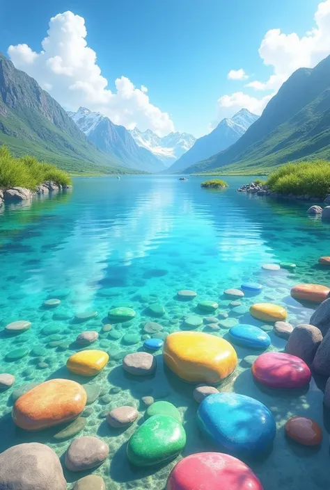 crystal-clear water and colorful, smooth stones covering the lakebed. The stones are in various shapes, sizes, and vibrant transparent colors like turquoise, pink, yellow, green, blue, and beige, with a glossy, reflective surface.all stones must transparen...