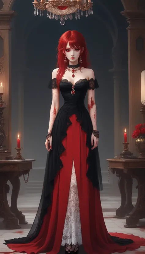 ((Masterpiece: 1.4, Best Quality))+,(Ultra Detail)+, Official Art, Unity 8k Wallpaper, Ultra Detailed, Beautiful, High Quality, Beautiful, Masterpiece, Best Quality, (Flat Chest), Full Body, Standing Painting, White Background, Red Straight Hair, Gloomy Ey...