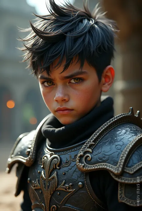 Boy has dark, spiked hair and intense, fiery eyes, reflecting his clans draconic heritage. His outfit includes a heavy, dark leather or metal armor adorned with dragon-themed motifs, such as scales or claws. This armor provides both protection and a formid...