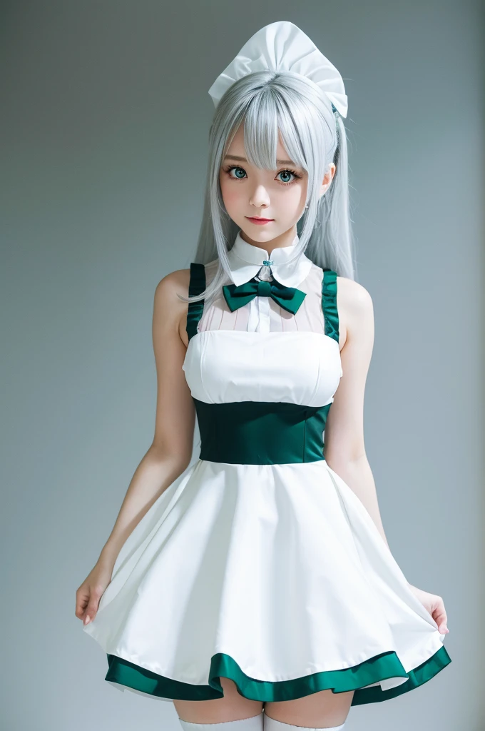 White background, symmetrical, full body, girl, VTuber, cute, maid outfit, silver hair, emerald eyes 