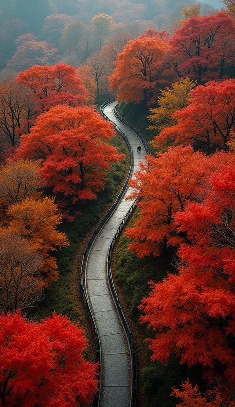 "An overhead drone shot of Mount Takao in autumn, capturing the hiking trail winding through a dense forest of fiery red and orange leaves. The scene looks down from above, showcasing the intricate patterns of the path cutting through the vibrant foliage."