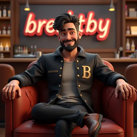 a cute male wearing black jacket, black hair, very little beard, HOST letter on jacket, brown leather shoes, sitting on a sofa, microphone in front of sofa, bar as background,  a 3D text written “BRE DTBY” in graffiti style, 3d caricature, masterpiece, awa...