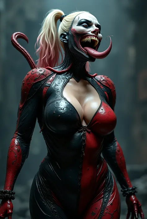The Venom symbiote causes a voluptuous chested Harley Quinn to transform into a nightmarish tentacled monstrosity in a scene of abject horror and eroticism as she licks her own chest, full body shot, 1girl, High Resolution, Breasts, Open Mouth, Teeth, Tongue, Tongue Out, 