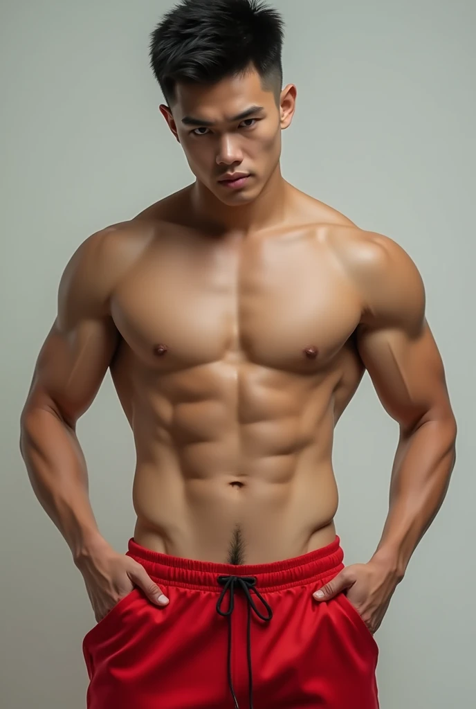 A handsome Vietnamese high school student with a crew cut, revealing a toned body and six-pack abs. His hand pulled down the waistband of his red sweatpants, revealing a v-cut and belly hair running from his navel.