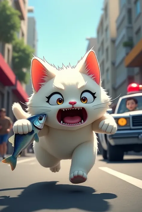 A police car with its siren blaring is chasing a humanoid white cat (Dou Dou), who is running down a street with the fish still in its paws. Dou Dou’s face shows sheer terror, its mouth open in shock, and its legs moving rapidly in a desperate attempt to e...