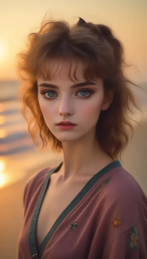 kmwld, (sharp focus:1.2), photo, attractive young woman, (beautiful face:1.1), detailed eyes, luscious lips, (cat eye makeup:0.85), (large eyes:1.0), (toned body:1.2), (1980s hair:1.2), wearing (1980s clothes:1.2) on a (beach:1.2). (moody lighting:1.2), de...