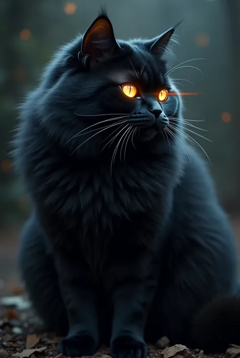 A blacj cat with 5/5 fluff,5/5 purring,5/5 whiskers,5/5 meowing and 5/5 laser eyes