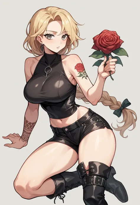 (1 woman), age of 18 years, long wavy ash blonde hair, grey eyes, large breasts and prominent hips.
Black open middle part sleeveless blouse, black leather shorts, long boots up to her thighs, hair tied in a high braid, tattoos on his left arm in the form ...