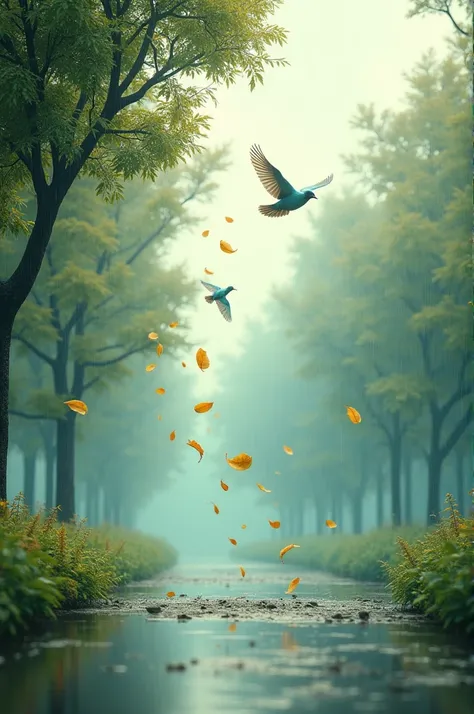 Birds flyind in sky leaves get seperated from trees in rainy season. Generate a video 