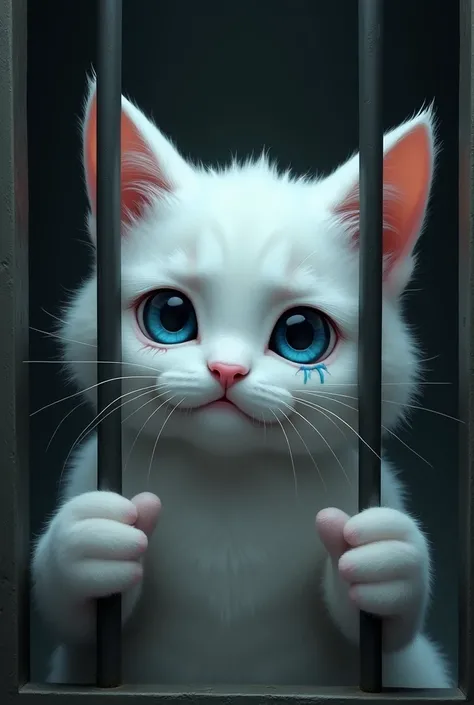 A humanoid white cat (Dou Dou) with blue eyes is sitting inside a small prison cell, looking sad and regretful. Dou Dou has tears running down its cheeks, its face showing exaggerated sadness and remorse. Its paws are resting on the cell bars, and its larg...