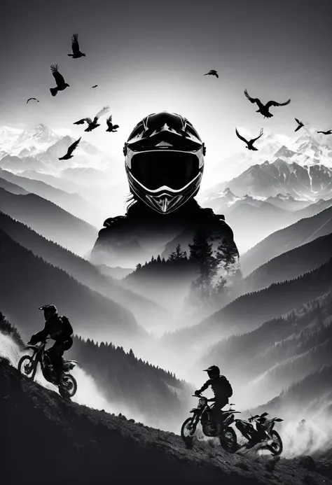 triple exposure of the silhouette face of a woman wearing a motocross enduro black shinny helmet profile  , mountains, birds in ...