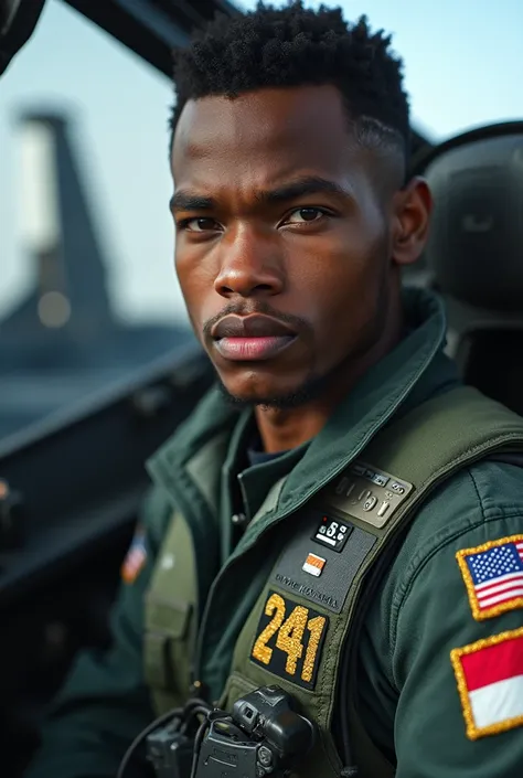 A fighter jet pilot, 20 year old African American teenage male with a height of around 164 cm, inside the cockpit of an F-15E fighter jet, very detailed HDR quality, showing one index finger, The pilot wears a suit with Indonesian flag beading and fighter ...