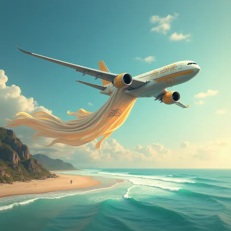 Jet plan on air move. the tail section of jet plan with long clothes,this long cloth write on words ( summer never ends ),Beauty Beach,Sunshie,Sea