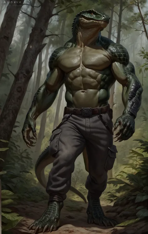 realistic muscular lizardfolk, wearing pants, mercenary, masculine,  plantigrade, dark green body, black belly, topless, forest background, (best quality,4k,8k,highres,masterpiece:1.2),ultra-detailed,(realistic,photorealistic,photo-realistic:1.37),by laoba...