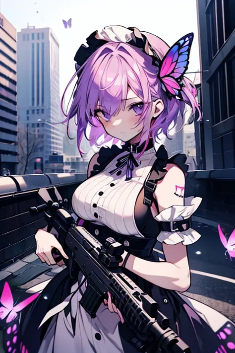 1 girl、adult、Ample breasts、short hair、Navy, pink and purple hair、Long eyelashes、Cool、Neutral facial features、cool、Punk Fashion、Shoulder Bare、Sniper、Ready your gun?、rooftop、Night view、Downtown、Aim at the target、Sniper、Butterfly Tattoo、Maid clothes、Armed Mai...