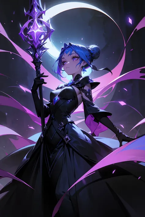 Illustrate a female D&D witch with blue hair. The hair is styled half up in a bun, with the rest cascading in soft curls. She wears a black dress with intricate purple details, adorned with jewels that glint in the dim light. Her skin is marked with glowin...