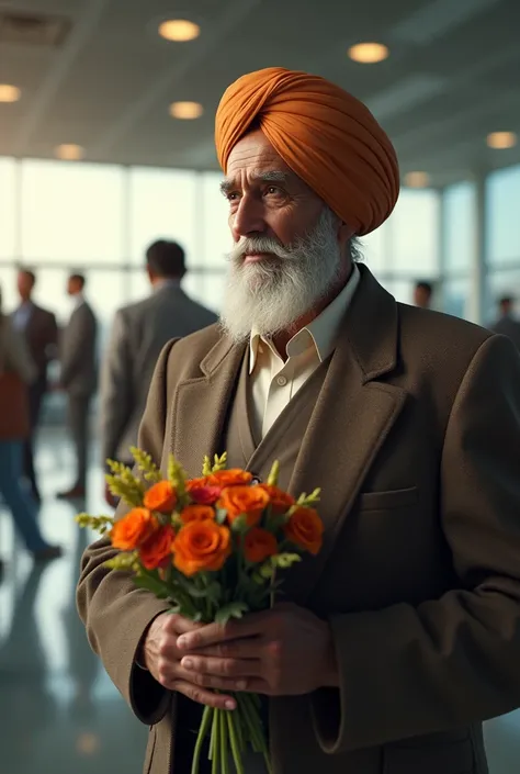 (photorealism:1.2), sikh old man waiting for her wife with flowers in his hand on airport