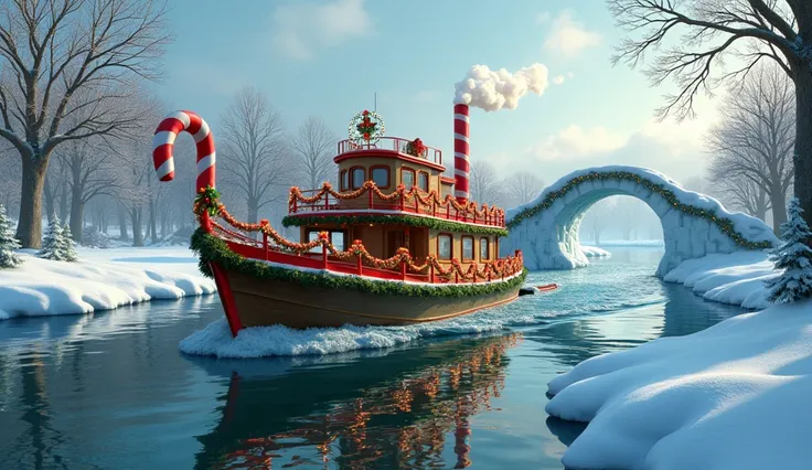 A unique scene of a Christmas-themed riverboat sailing down a snow-covered river with candy cane chimneys puffing out steam. The boat is decked out with red and green garlands, fairy lights, and Christmas wreaths. The water is calm, reflecting the boats fe...