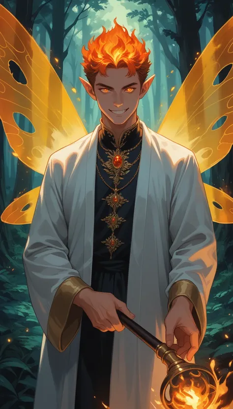 est quality, masterpiece, extremely detailed, dnd character, (young adult male fairy with fiery eyes), mischievous evil smile, elegant robe, regally embroidered white robes with gold encrusting, holds a mace, (perfect fingers), fiery hair, pointy ears, glo...