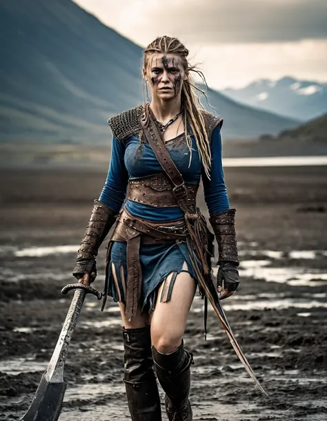 Full body picture of (ohwx woman) in Hellblade: Senuas Sacrifice, emerging from black mud, long hair with dreads, war blue paint, paint fading, angry expression, dirty face, finely detailed eyes, moody, viking clothes, epic scene, epic composition, Photogr...